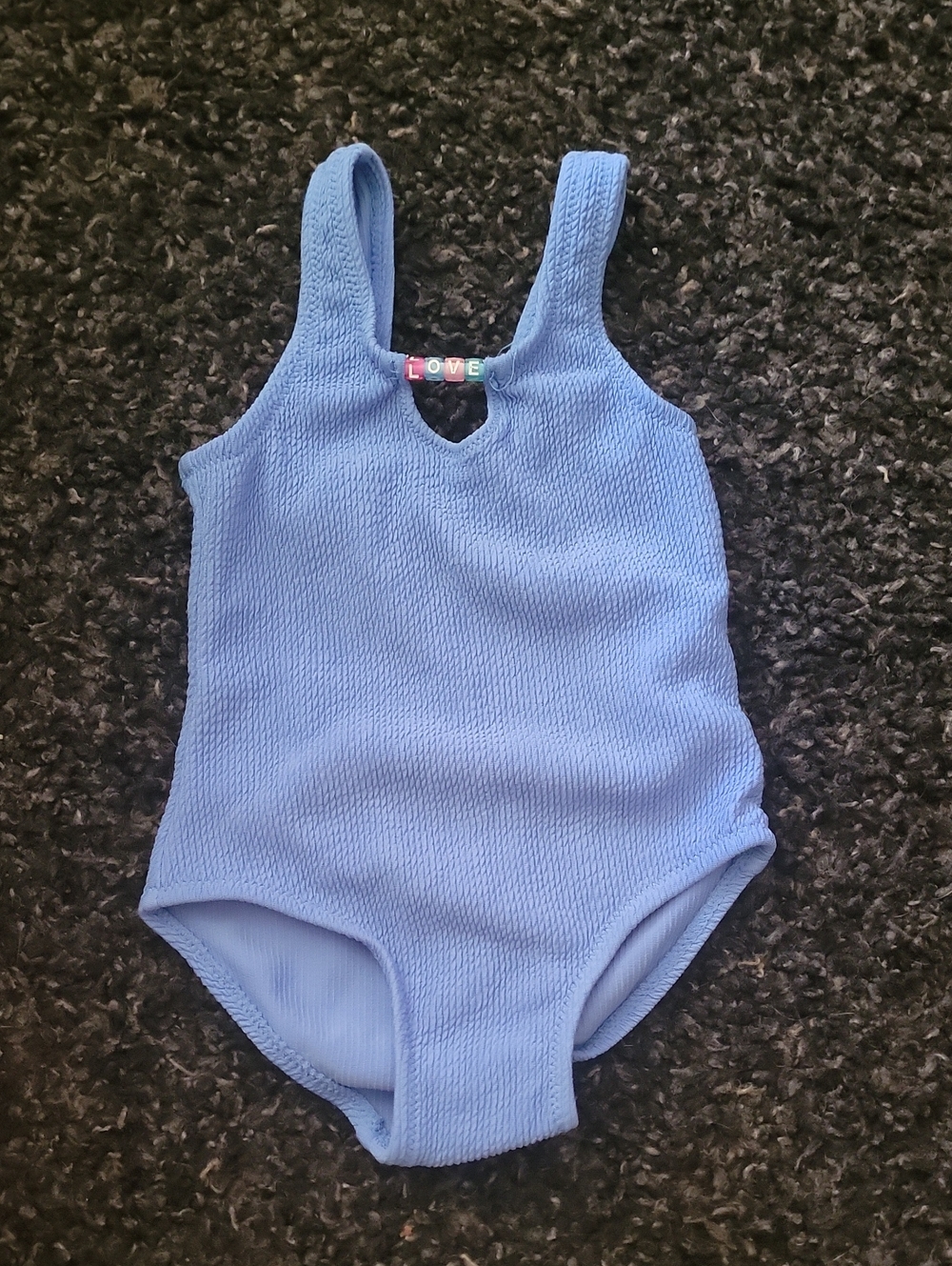 Zara Light Blue Textured Girls' One-Piece with 'LOVE' Bead Detail